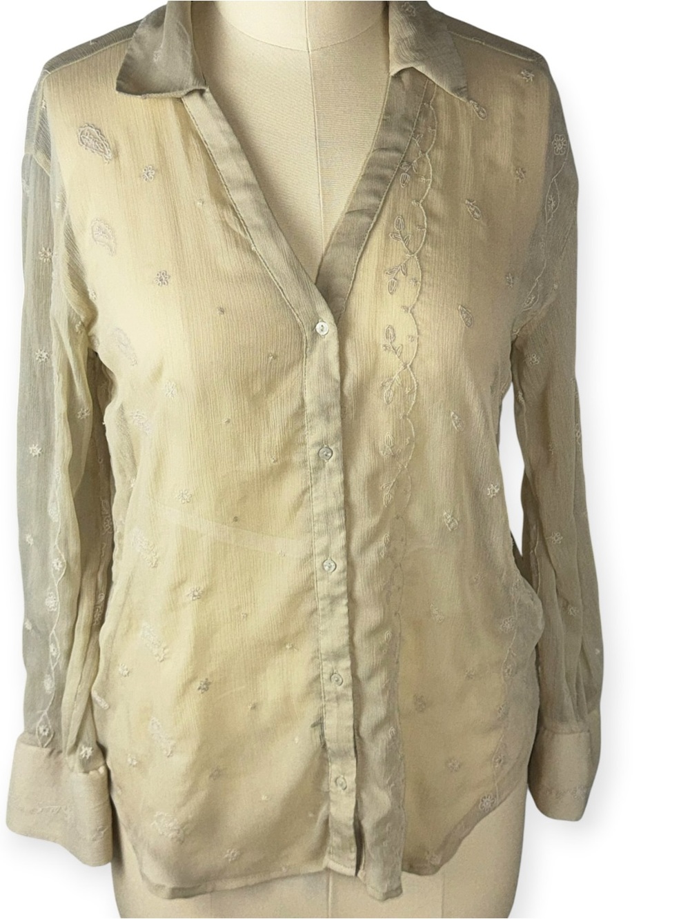 Zara TRF Beige Embroidered Sheer Boho Button Down Blouse M